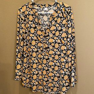 Old Navy Long Sleeve Blouse - Black/Gold Floral Print Tunic - Size L